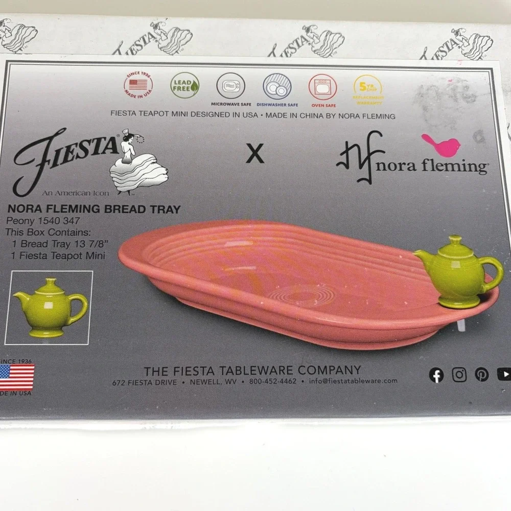 Nora Fleming Fiesta Ware Bread Tray Peony With Mini Teapot Lemongrass NIB